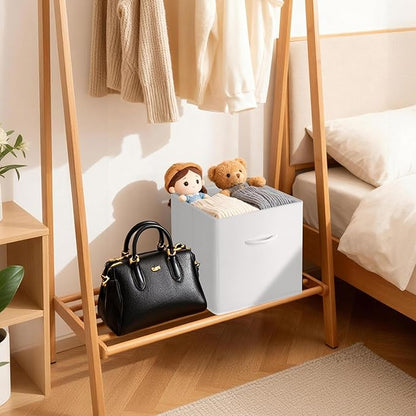 WUIKE 13-Inch White Storage Cube Bins, Leather Front Cubby Organizer Baskets with Handles, Collapsible Storage Bins for Shelves and Closet, 4-Pack