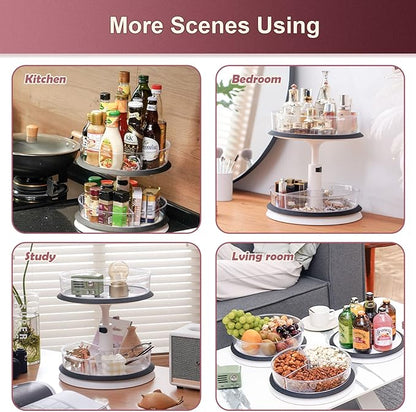Ynelyase 2 Tier Lazy Susan Organizer Clear Turntable for Cabinet Bathroom Countertop and Pantry with Large Spice Rack (11 Inch, White)