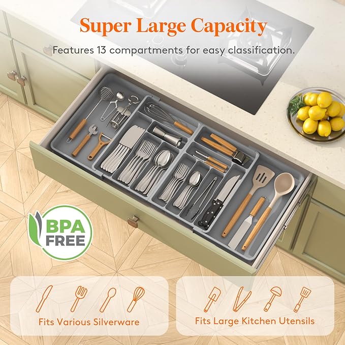 Lifewit Silverware Drawer Organizer, Expandable BPA Free Plastic Utensil Tray for Kitchen, Adjustable Flatware Cutlery Holder for Spoons Forks Knives, 21.3- 36 x 16.9", Gray