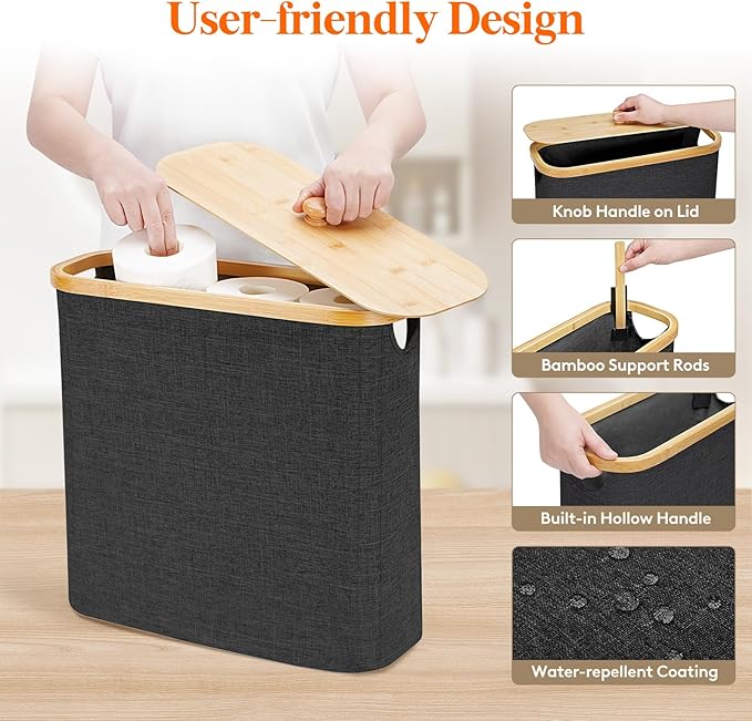 Lifewit Toilet Paper Storage Holder for 12 to 16 Rolls, Free Standing Toilet Paper Basket Stand with Bamboo Lid, Collapsible Fabric Bathroom Organizer Box for Mega Rolls, 30L, Extra Large, Dark Gray