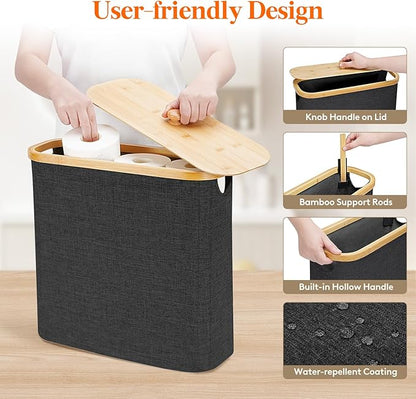 Lifewit Toilet Paper Storage Holder for 12 to 16 Rolls, Free Standing Toilet Paper Basket Stand with Bamboo Lid, Collapsible Fabric Bathroom Organizer Box for Mega Rolls, 30L, Extra Large, Dark Gray