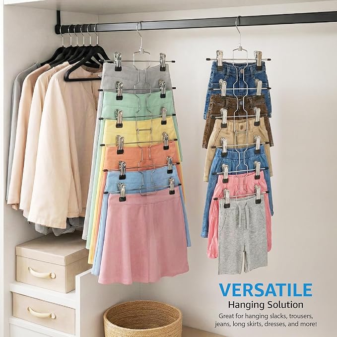 ZOBER 3-Pack 6-Tier Skirt Hangers with Clips - Pants Hangers with Clips Space Saving, Closet Organization, Swivel Hooks, College Dorm Essentials, Skirt Hangers for Women, Jeans Organizer for Closet