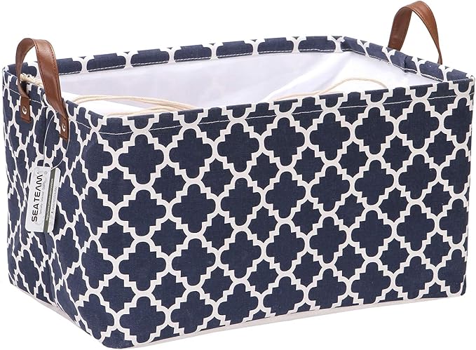 Sea Team Moroccan Lattice Pattern Canvas Fabric Storage Basket Collapsible Geometric Design Storage Bin with Drawstring Cover and PU Leather Handles, 16.5 by 11.8 inches, Waterproof Inner, Dark Blue