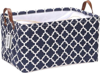 Sea Team Moroccan Lattice Pattern Canvas Fabric Storage Basket Collapsible Geometric Design Storage Bin with Drawstring Cover and PU Leather Handles, 16.5 by 11.8 inches, Waterproof Inner, Dark Blue