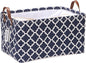 Sea Team Moroccan Lattice Pattern Canvas Fabric Storage Basket Collapsible Geometric Design Storage Bin with Drawstring Cover and PU Leather Handles, 16.5 by 11.8 inches, Waterproof Inner, Dark Blue