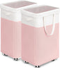 Goodpick Laundry Basket with Wheels 2-Pack, 75L Tall Clothes Hamper, Large Laundry Basket with Removable Wash Bag for Corner Dorm, Rolling Hamper, Pink&White