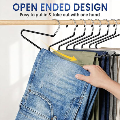 DAMITA Open Ended Pants Hangers - Non Slip Heavy Duty Metal Hangers 10 Pack - Space Saving Jeans Trousers Blanket Organizer for Closet - 7 lbs Load Capacity Rubber Coating Black