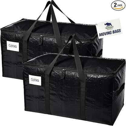 RUGGED RHINO Heavy Duty Extra Large Moving Bags, Durable Bag with Strong Handles and Zipper, Moving Boxes Alternative for College Packing, Holiday Décor, Space Saving Storage with Label, 2 Pack Black