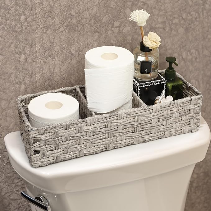 [Larger Compartments] Toilet Tank Topper Paper Basket - Multiuse Hand Woven Plastic Wicker Basket with Divider for Organizing, Rustic Farmhouse Bathroom Decor, Countertop Organizer Storage, Gray Wash