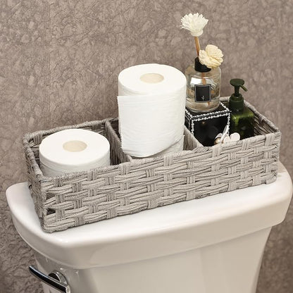 [Larger Compartments] Toilet Tank Topper Paper Basket - Multiuse Hand Woven Plastic Wicker Basket with Divider for Organizing, Rustic Farmhouse Bathroom Decor, Countertop Organizer Storage, Gray Wash