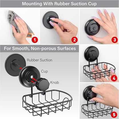 HASKO 2 Pack Suction Cup Soap Dish for Shower Wall, Rustproof Stainless Steel, Shower Soap Holder with Hooks, Includes Optional No Drill Adhesive Mount for Bathroom, 2 Soap Savers, Black