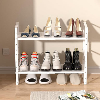 Multi-Functional Metal Shoe Rack,Expandable Adjustable Stackable Kitchen Organizer,Metal Shelf risers for cabinets, Kitchens and Closet, Bathroom(2Packs/White/Large)
