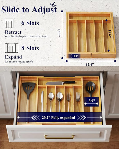 Kitsure Silverware Organizer - Expandable Bamboo Kitchen Drawer Organizer for Cooking Utensils and Cutlery, Sturdy & Thickened Kitchen Organizers and Storage Solution, X-Large, Natural