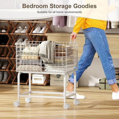 Wire Laundry Cart with Wheels,80L Rolling Laundry Basket Trolley with Pull Handle,White High Laundry Basket Cart for Laundry Room,Bathroom,Bedroom-White(23.6 * 15.75 * 28inch)