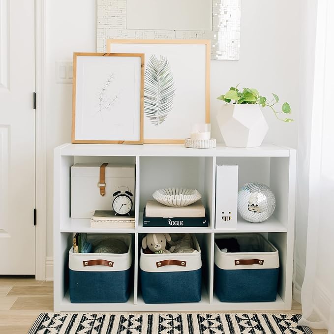 OrganiHaus 15x11in Canvas Storage Baskets 3 Pack | LARGE Fabric Bins for Shelves | Closet & Bedroom Storage | Navy Blue/Off-White