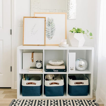 OrganiHaus 15x11in Canvas Storage Baskets 3 Pack | LARGE Fabric Bins for Shelves | Closet & Bedroom Storage | Navy Blue/Off-White