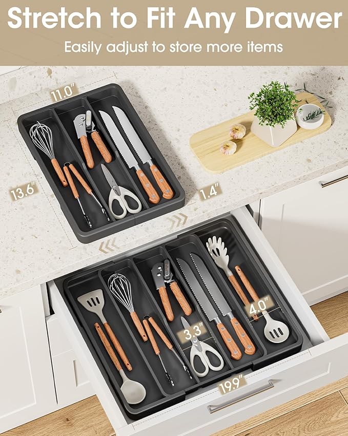 Aujen Silverware Organizer - Expandable Kitchen Drawer Organizer, Adjustable Utensil Organizer, Cutlery Tray for Forks, Knives, Multipurpose Kitchen Organizers and Storage Solution, Black, X-Large