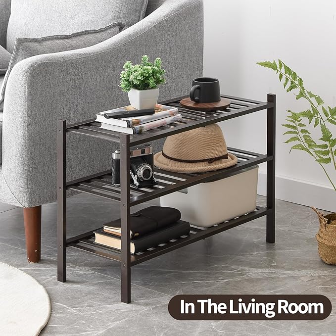 Shoe Rack, 3-Tier Bamboo Stackable Shoe Shelf Storage Organizer, Shoe Stand for Closet, Entryway and Hallway