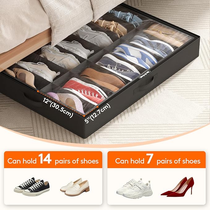 Lifewit Under Bed Shoe Storage Organizer 2 Pack(14 Shoes Cells), 4.3 Inches Profile Fabric Shoes Container Box with Clear Cover, Foldable Storage Bag with 2 Handles, Fits 14 to 28 Pairs