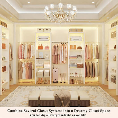 100'' Closet System with 4 Hanging Rods & LED Lights, 2-8 FT Wood Closet Organizer Systems with 5 Shelves, 6 Height Adjustable, Walk-in Closet Organizer Wardrobe Clothes Rack, Garment Rack, White