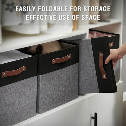 Bagnizer Collapsible Fabric Storage Cube Bins with 2 Reinforced PU Handles, Foldable Storage Organizer Baskets for Closet, Shelves, Living Room | 13"x13"x13", 4 Pack, Black & Gray