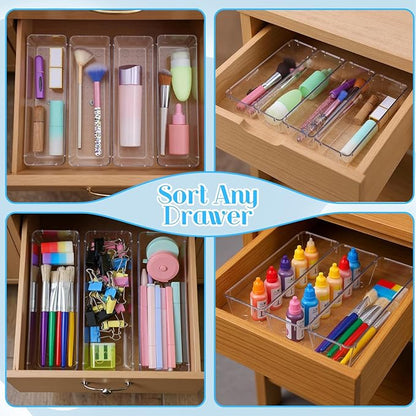 18 Pcs Clear Plastic Drawer Organizer 9 x 3 x 2 Inches Kitchen Bathroom Fridge Utensil Vanity Drawer Organizers Tray Makeup Storage Organizer Drawers Trays for Organization Office
