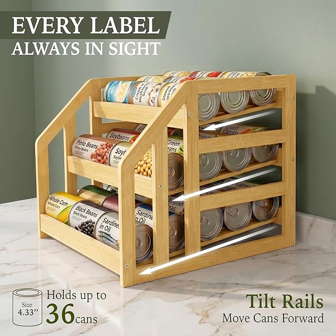 Bamboo Can Organizer for Pantry, 3 Tier Tilt Rack Holds 36 Cans, Adjustable Dividers, Sturdy Wood Soda Storage for Refrigerator, Spice Jar Holder, Cat Food Bin, Cabinet Countertop