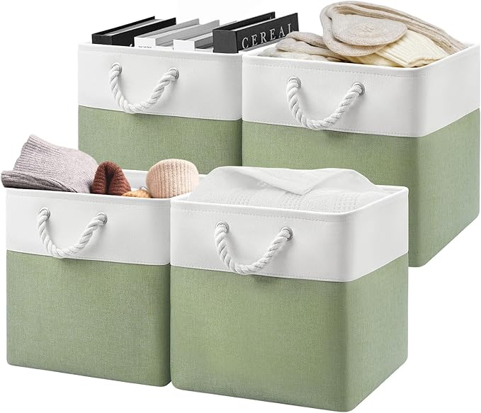 Patvingot 13x13x13 Cube Storage Bins,4 Pack Large Foldable Fabric Storage Cubes with Handles for Organizing Home, Closet, Shelf, Office(White&Green)