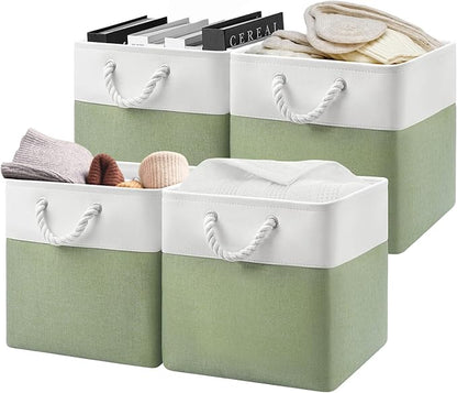 Patvingot 13x13x13 Cube Storage Bins,4 Pack Large Foldable Fabric Storage Cubes with Handles for Organizing Home, Closet, Shelf, Office(White&Green)
