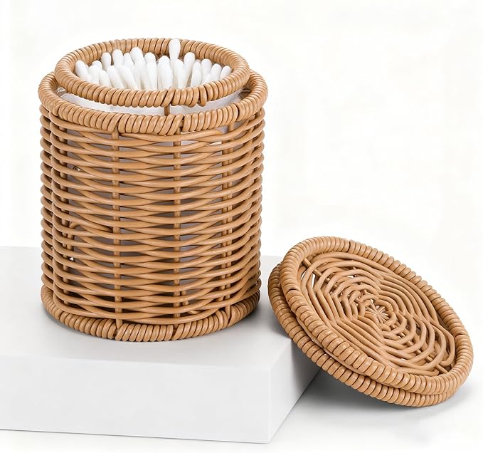 Canister, Cotton Swab Holder with Lid, RattanJars,High Capacity Qtip Holder Storage for Floss Picks,Cotton Swab,Makeup Pad