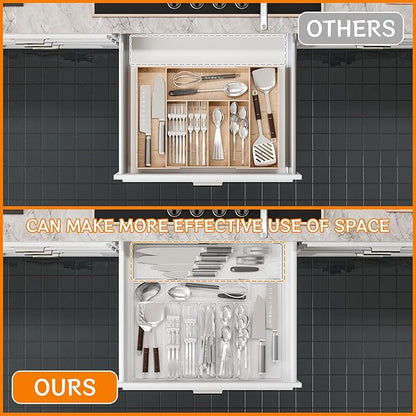Clear Expandable Silverware Organizers for Kitchen Drawers,Large BPA Free Cutlery Organizer in Drawer,Plastic Utensil Drawer Organizer Suitable as Flatware,Knife,Fork,Spoon,Silverware Holder and Tray