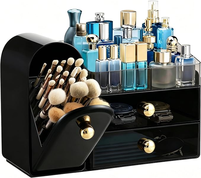 HBlife Makeup Organizer Countertop with Drawers, Vanity Organizers with Brush Holder, Bathroom Counter Organizer for Perfume, Nail Polishes, Lipsticks, Skincare and Eyeshadow Palettes, Black and Gold