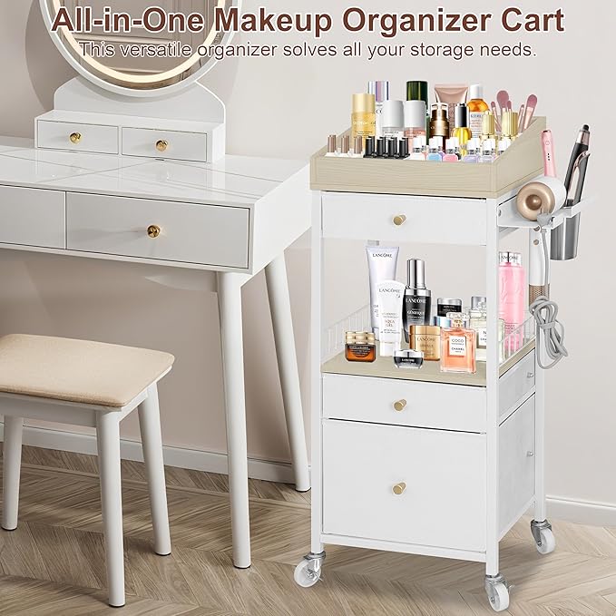 Makeup Organizer Cart with 3 Drawers, Large Cosmetic Organizer with Detachable Hair Tool Holder, Makeup Cabinet Cosmetic Display Cases for Skin Care Perfume Nail Polish, White & Natural
