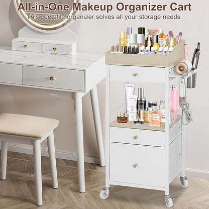 Makeup Organizer Cart with 3 Drawers, Large Cosmetic Organizer with Detachable Hair Tool Holder, Makeup Cabinet Cosmetic Display Cases for Skin Care Perfume Nail Polish, White & Natural