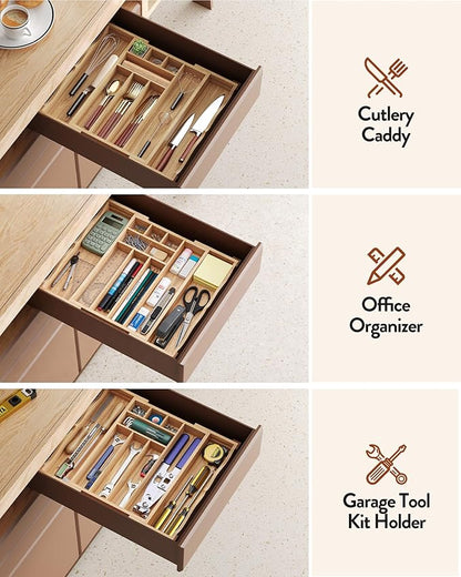 Orimade Oak Expandable Silverware Drawer Organizer, Adjustable Kitchen Utensil Holder & Cutlery Tray Drawer Dividers for Flatware (10 Slot), Large