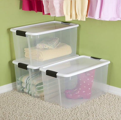 STERILITE 19889804 70 Quart/66 Liter Ultra Latch Box, Clear with a White Lid and Black Latches, 8-Pack