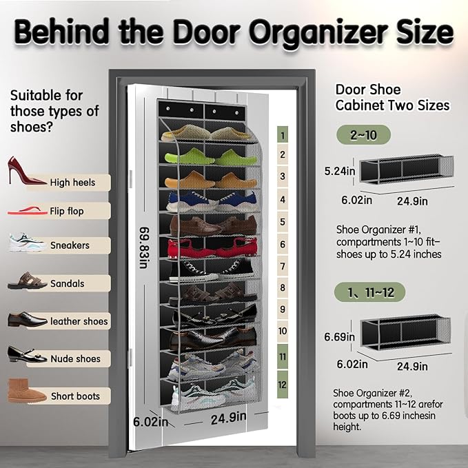 Kotkn Over The Door Shoe Organizer with 12 Large Breathable Pockets - Durable Hanging Storage for the Entire Family's Shoes (Black)