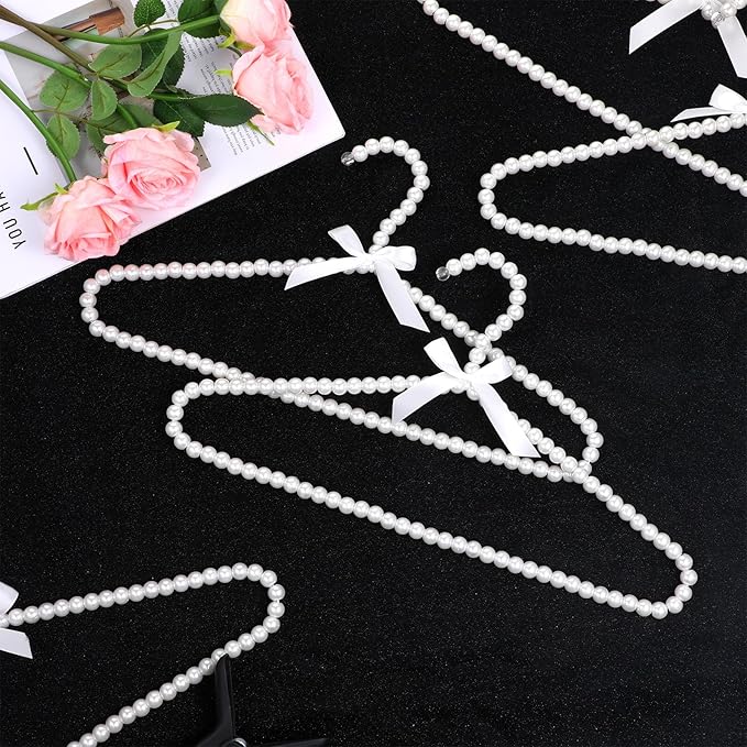 SHENLIU 6 Pack Pearl Clothes Hangers, Elegant Bridesmaid Hangers with White Ribbon Trim Hanger, Closet Coat Storage Organizer Bowknot Standard Wedding Hanger for Wedding Engagement Gowns Suits Shirts