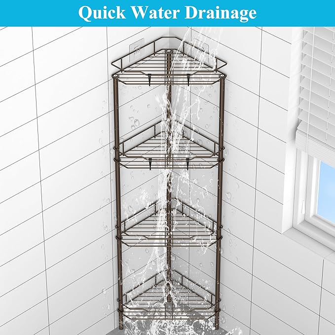 HuggieGems 4 Tier Floor Standing Corner Shower Caddy Organizer Shelf with Hooks, Bathroom Shelves Stand Rack, Bronze