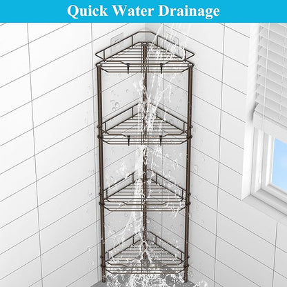 HuggieGems 4 Tier Floor Standing Corner Shower Caddy Organizer Shelf with Hooks, Bathroom Shelves Stand Rack, Bronze