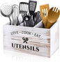 MINCORD Wood Kitchen Utensil Caddy with 3 Compartments, Rustic Farmhouse Style, Ideal for Storage and Organization, White