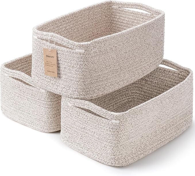3-Pack Small Storage Baskets for Organizing | Woven Shelf Toy Basket | Rope Baskets for Gifts Empty | Closet Organizer Bins with Handles | Cube Decorative Box | 11.8×7.8×5.1” | Mixed brown