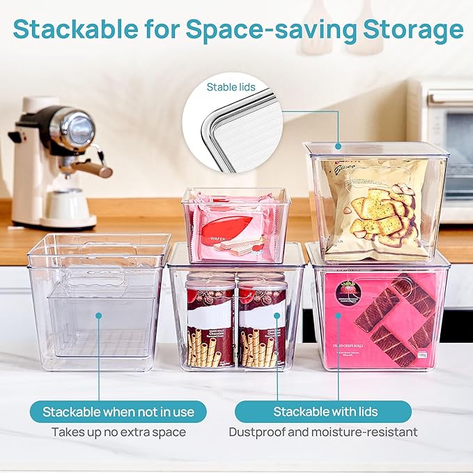 Vtopmart 8 Pack Clear Plastic Storage Bins Set, 4 Large Pantry Organizer Bins with Lids & Handles and 4 Medium Snack Organizer Bins with 4-Compartment for Pantry, Kitchen, Fridge, Cabinet Organization