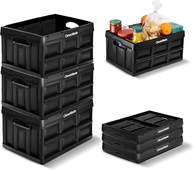 CleverMade Collapsible Storage Bins - Black 3 Pack 32L - Stackable Containers Heavy Duty Capacity Folding Crates - Space-Saving for Home
