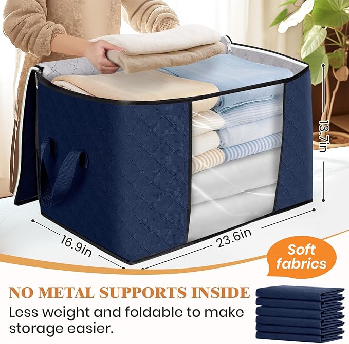 Fab totes 24 Gallons Clothes Storage, Foldable Thick Fabric Blanket Storage Bags, Containers for Organizing Bedroom, Closet, Clothing, Comforter, Organization with Handle (3 Pack,Blue)