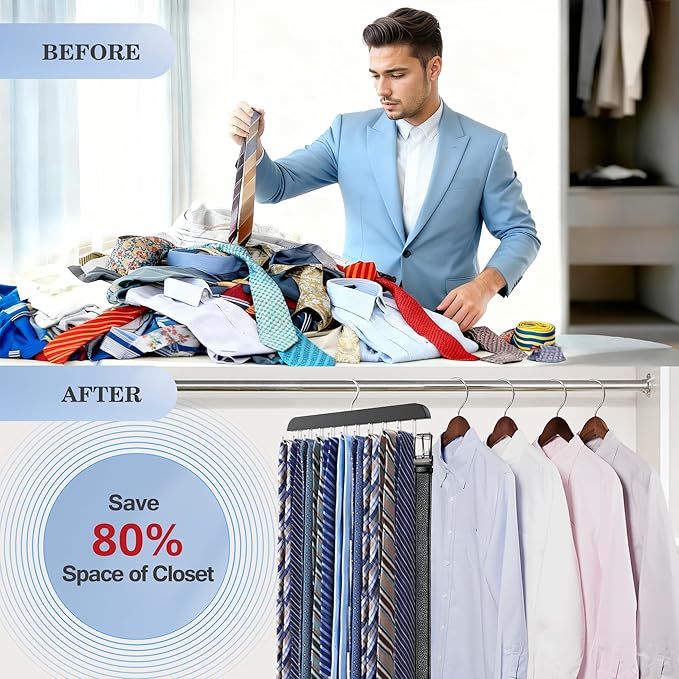 Tie Rack Hanger for Closet 20 Foldable Hooks, 1 Pack Wooden Non Slip Large Capacity Space Saving Tie and Belt Organizer with 360° Rotating Hooks for Tank Tops Bras Scarves Hat