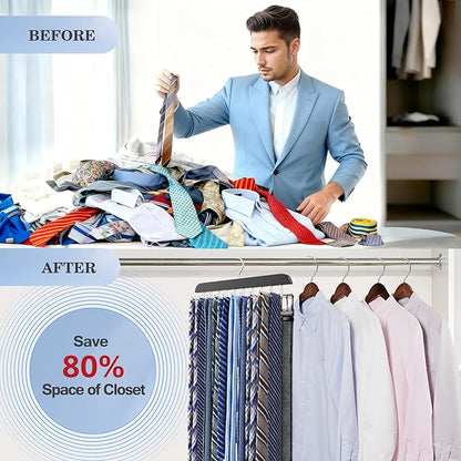 Tie Rack Hanger for Closet 20 Foldable Hooks, 1 Pack Wooden Non Slip Large Capacity Space Saving Tie and Belt Organizer with 360° Rotating Hooks for Tank Tops Bras Scarves Hat