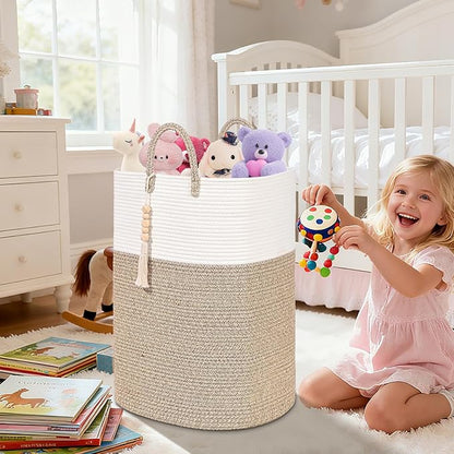 Woven Laundry Basket for Clothes, 100L Large Rectangle Laundry Hampers with Beads Tassel, Nursery Storage Basket for Toys, Tall Dirty Clothes Hamper for Bedroom Aesthetic, Laundry Room Organization