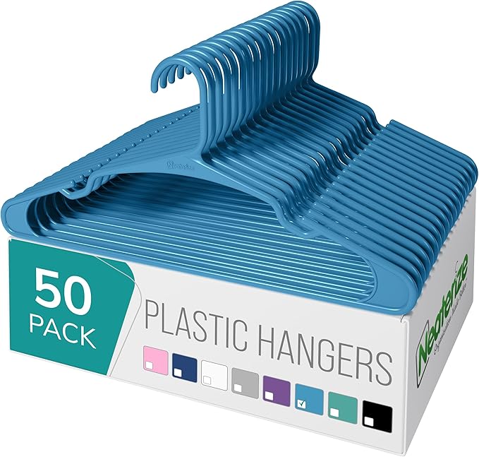 NEATERIZE Clothes Hangers Plastic 50 Pack for Adults - Plastic Hangers, The Perfect Coat Hanger and Space Saving Clothes Hangers for Closet, Percheros Ganchos para Colgar Ropa Hangars - Blue Hangers