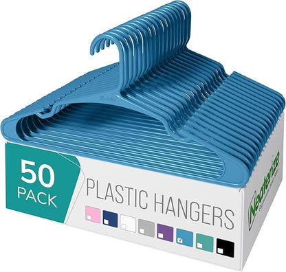 NEATERIZE Clothes Hangers Plastic 50 Pack for Adults - Plastic Hangers, The Perfect Coat Hanger and Space Saving Clothes Hangers for Closet, Percheros Ganchos para Colgar Ropa Hangars - Blue Hangers